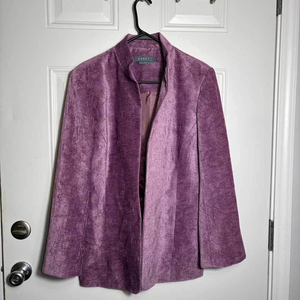 Koret Blazer Women Size 12 Purple Good Open Front Mock Neck Textured Jacket
